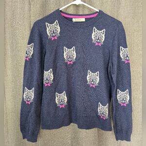 Woolovers Blue Button Back Cat Face Sweater Size XS Cotton And Wool
